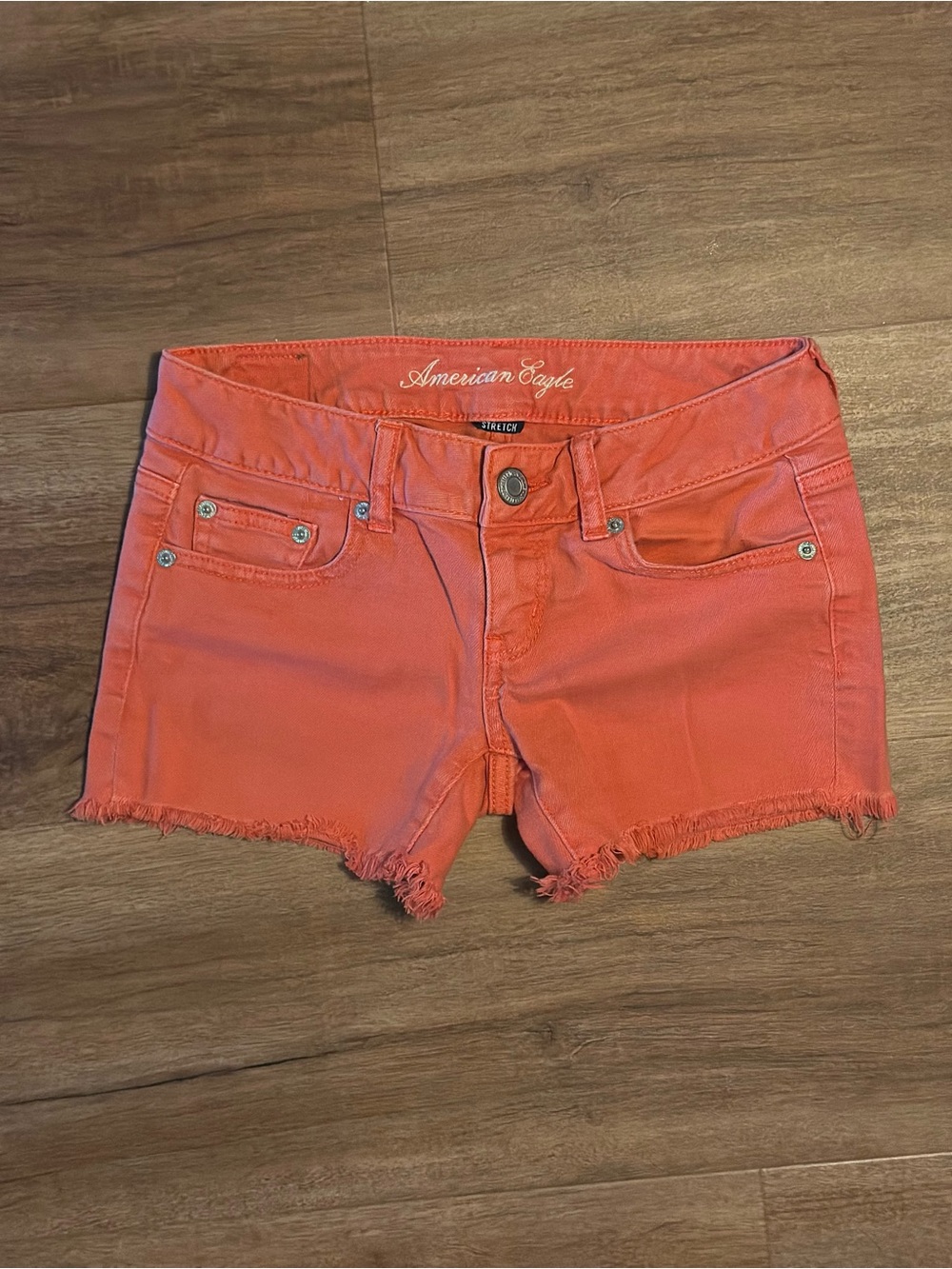 American Eagle Outfitters Red Denim Frayed Cutoff Shorts